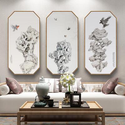 新中式八边形玄关装饰画茶室书房竖版风水招财石头画时来运转国画