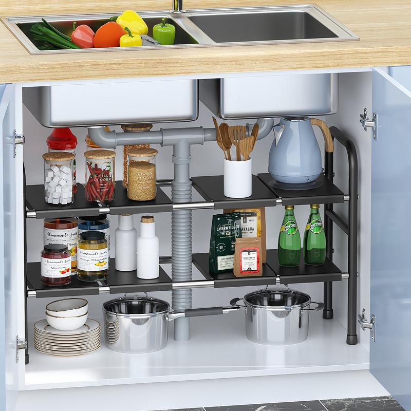 不锈钢厨房下水槽置物架可伸缩橱柜多层调料收纳架锅具厨具储物架