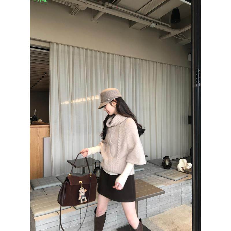 正常发货】麻花针织套头斗篷羊毛毛衣女秋冬宽松高领打底针织衫