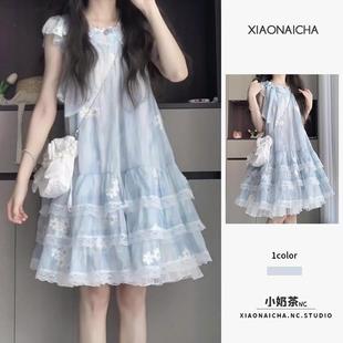 小个子仙女蛋糕裙短裙子 法式 甜美风蓝色碎花短袖 连衣裙女夏季 新款