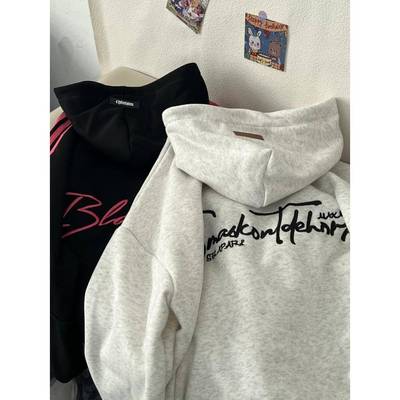 重磅纯棉刺绣卫衣女春季2025新款银狐绒加绒加厚宽松美式高街帽衫