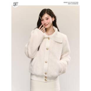 QDQD 甜美可爱风软糯大翻领环保皮草秋冬新款白色皮毛一体外套女