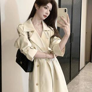 韩系气质小个子高级感大衣 中长款 米白色风衣外套女2025春秋季 新款