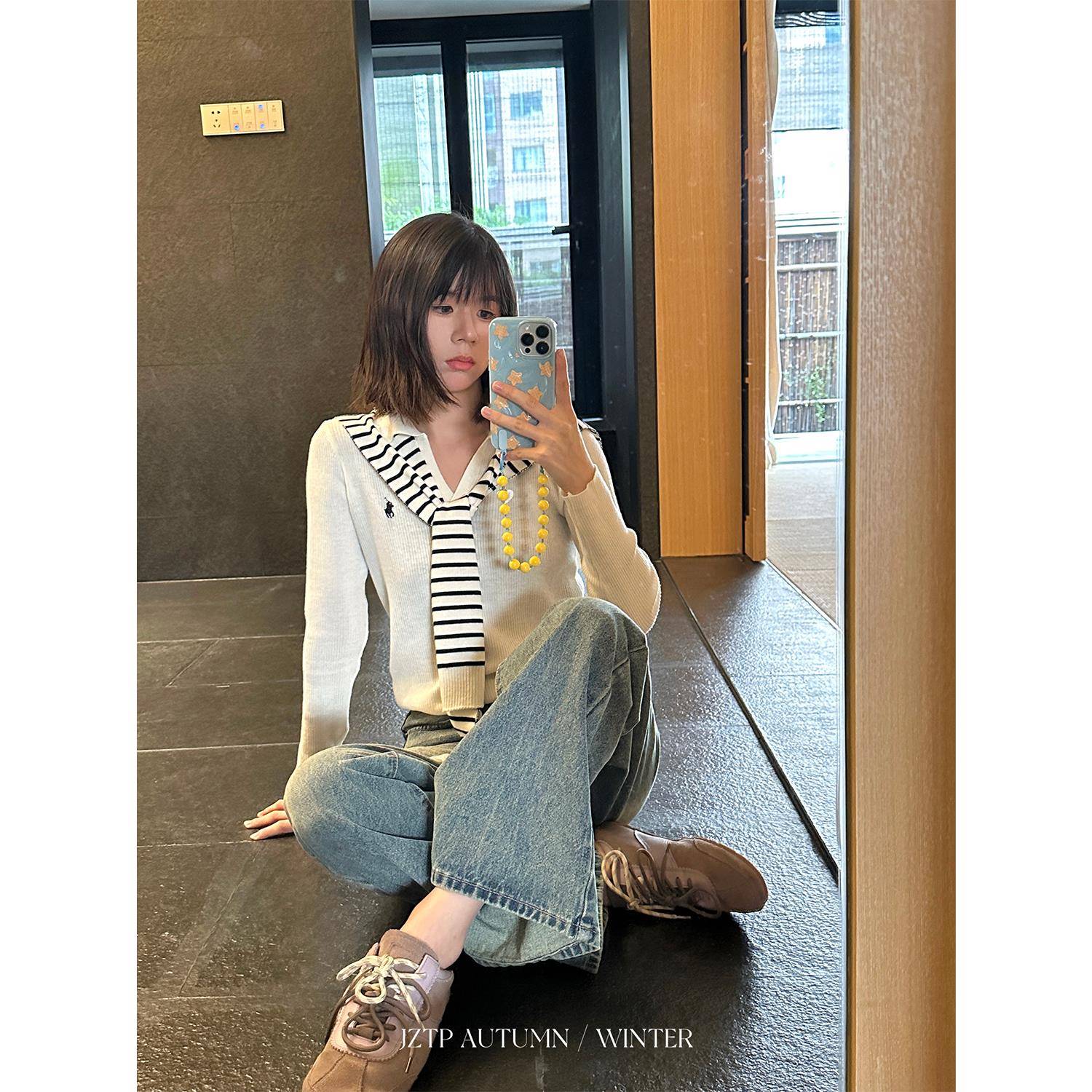 禁止桃跑【韩里韩气】秋冬新款针织开衫外套女+条纹披肩外搭上衣