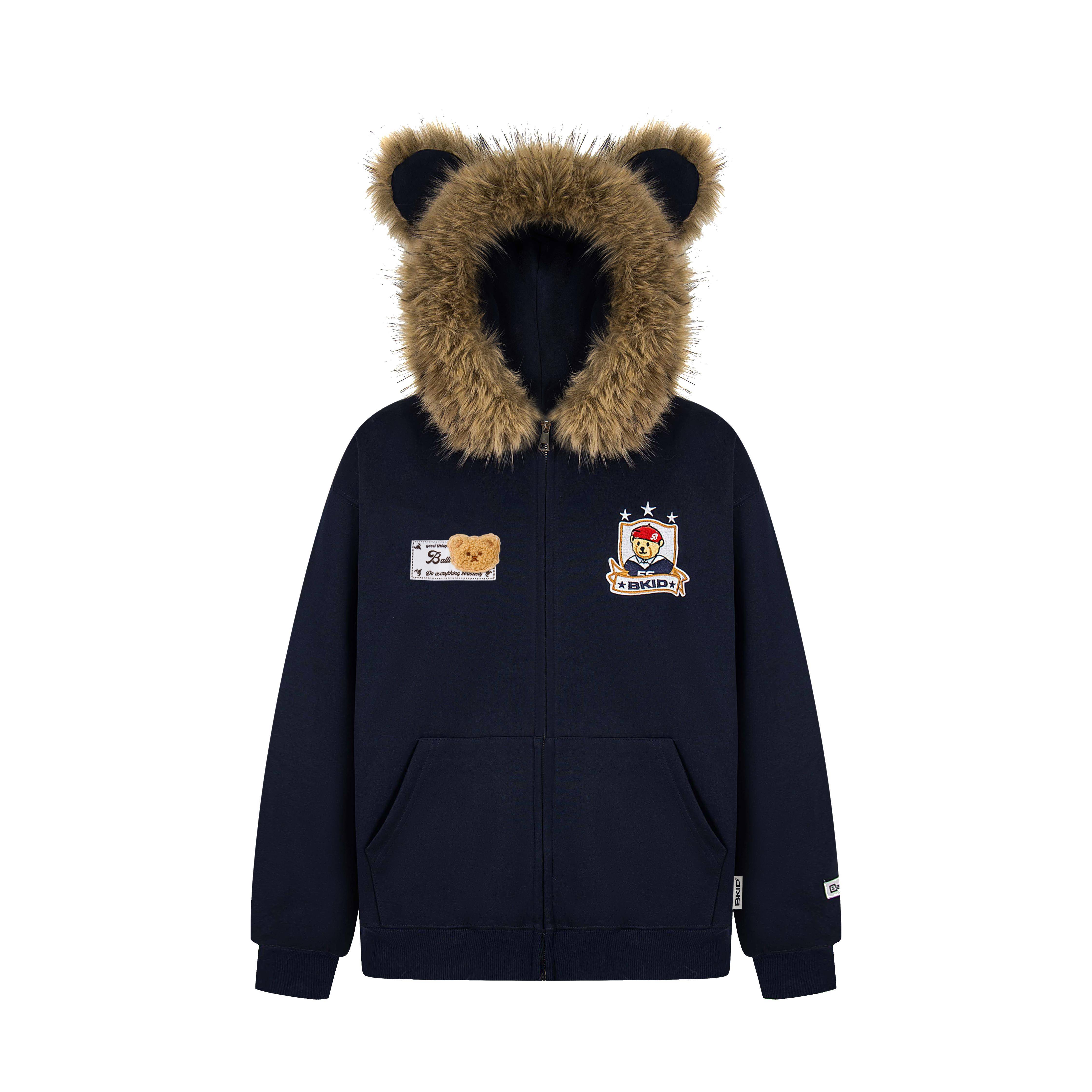 文文不乖美式小熊耳朵毛领可拆卸外套女连帽卫衣拉炼开衫上衣秋冬