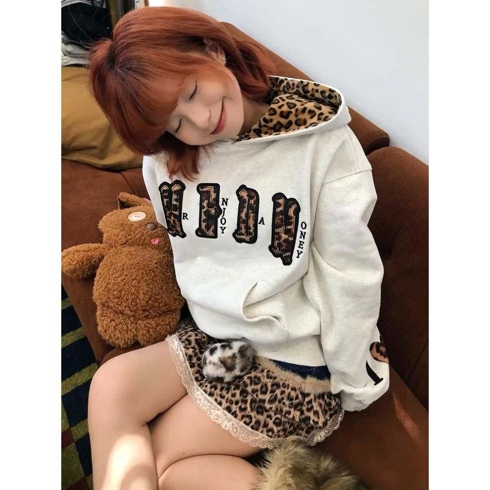 MEDM帽里豹纹连帽卫衣双层皮毛休闲美式男女情侣装套头外套上衣