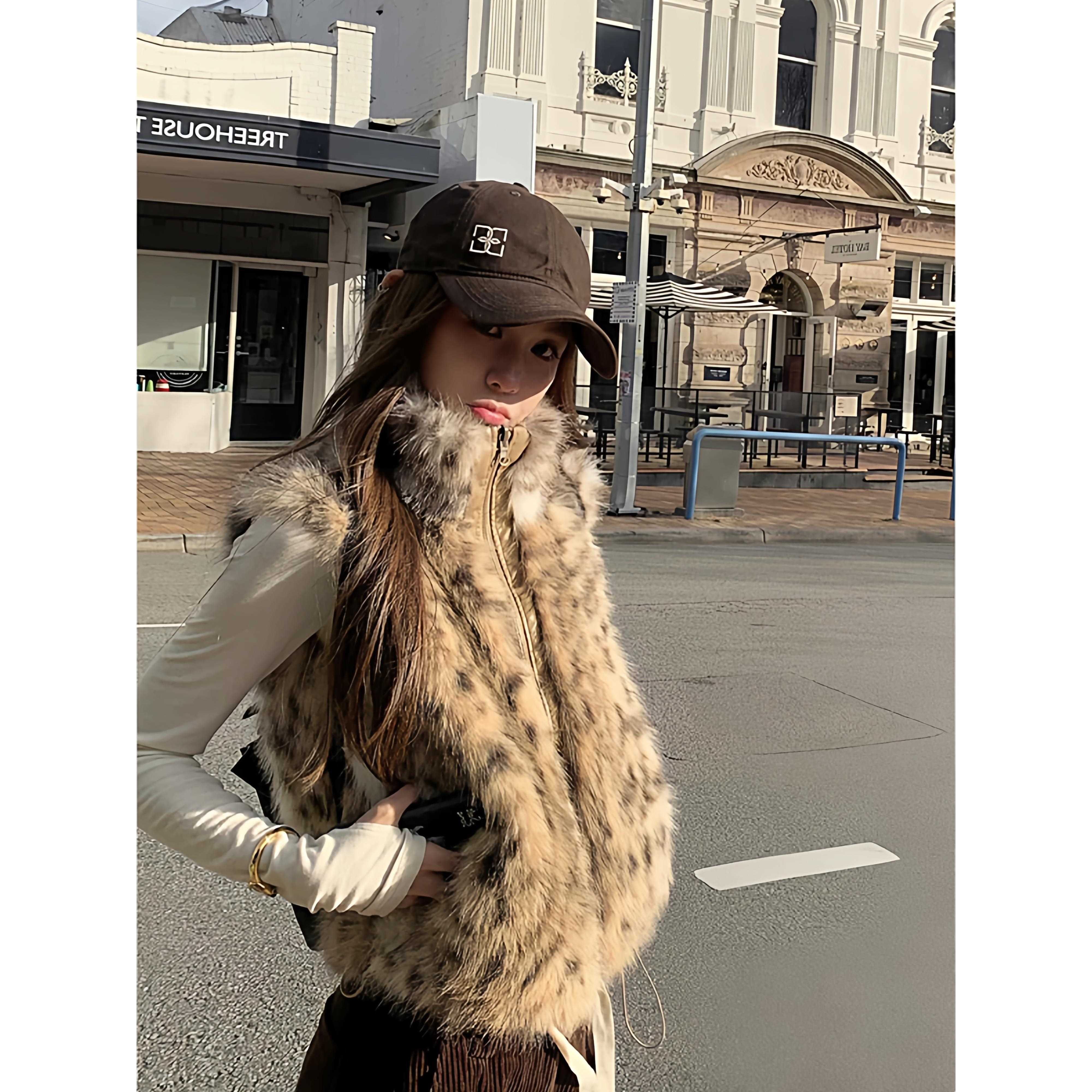 时髦百搭两面穿豹纹毛绒马甲女2025秋冬季新款氛围感环保皮草外套