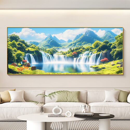 八方来财挂画大白墙沙发背景墙画客厅西墙聚财山水画聚宝盆装饰画