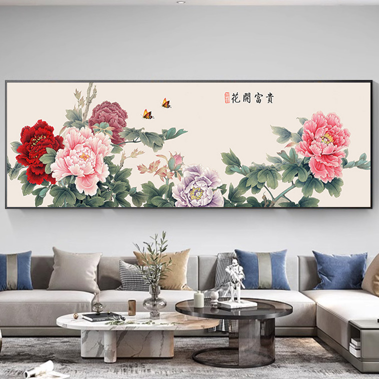 花开富贵客厅挂画新中式装饰画牡丹花图卧室工笔挂画沙发背景墙面图片