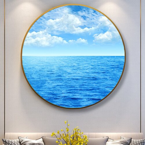 蓝天大海蓝色广阔海水风景装饰画白云海景客厅海洋图画铝合金圆形