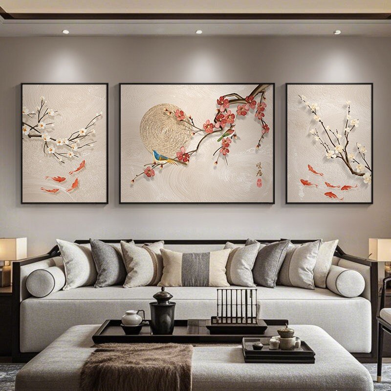 喜上眉梢客厅装饰画三联梅花沙发背景墙挂画寓意好九鱼图中式壁画