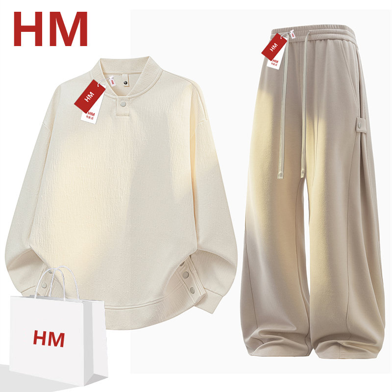 HM2025新款春秋季大码男士时尚潮流圆领卫衣韩系百搭上衣休闲套装
