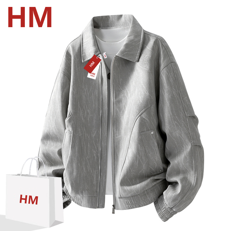 HM2025新款春秋季大码男士肌理触感外套上衣百搭宽松简约休闲上衣