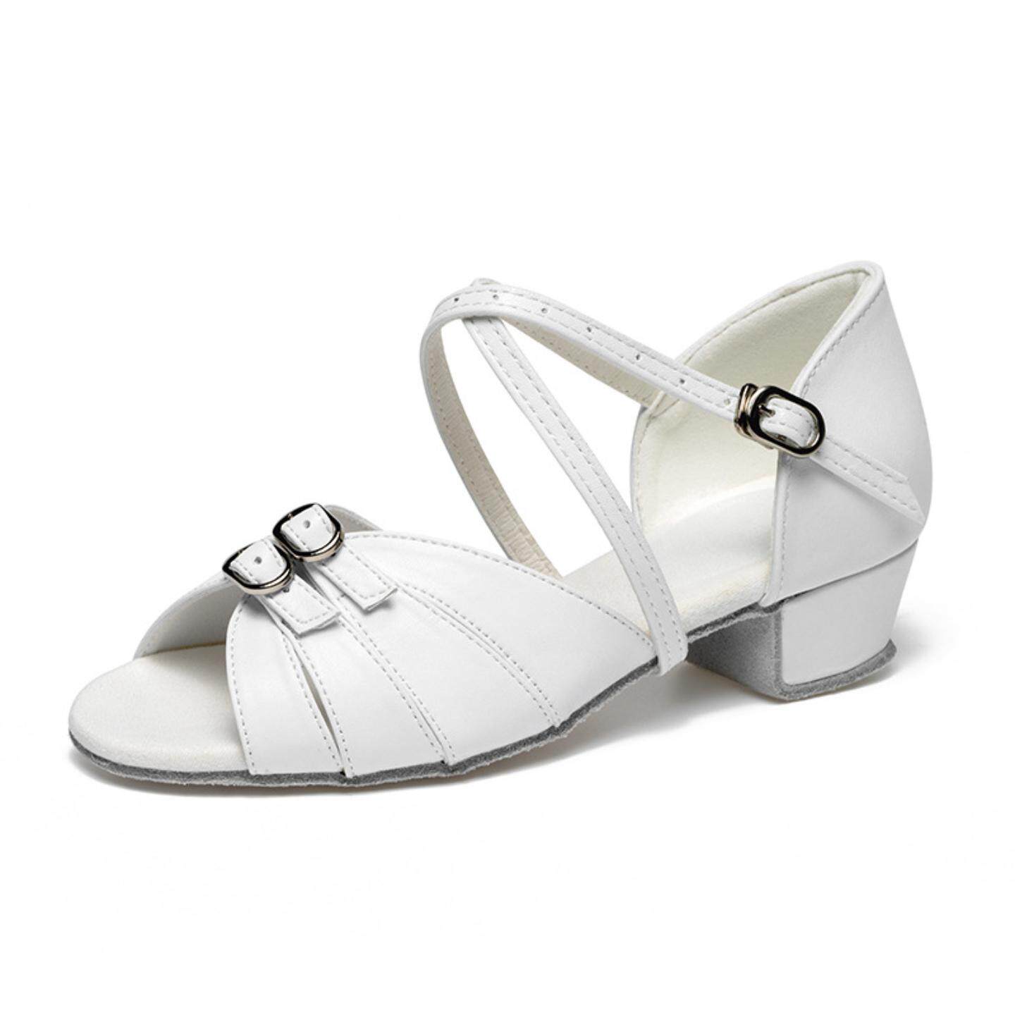 专业儿童拉丁舞鞋女孩女童软底中跟白色皮质练功舞蹈鞋考级