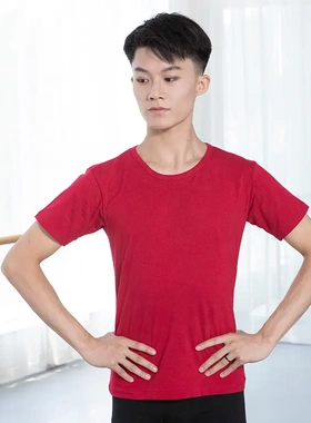 红舞鞋薄棉男士短袖舞蹈上衣成人练功形体训练考级T恤舞蹈服30292