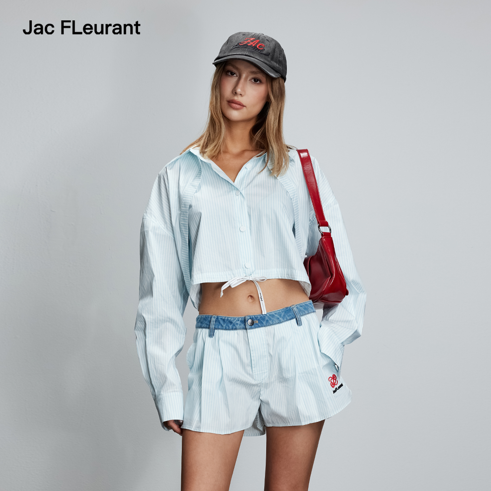 JAC FLEURANT【张予曦同款】春夏假两件条纹绑带衬衣牛仔拼接短裤