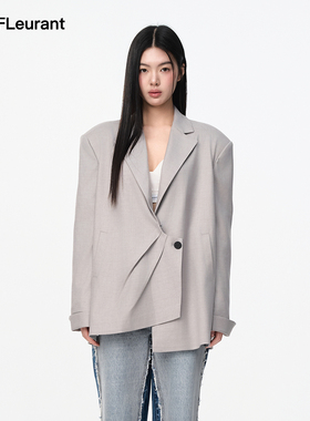 JAC FLEURANT秋新款西装外套女灰色不规则门襟高端设计感西服