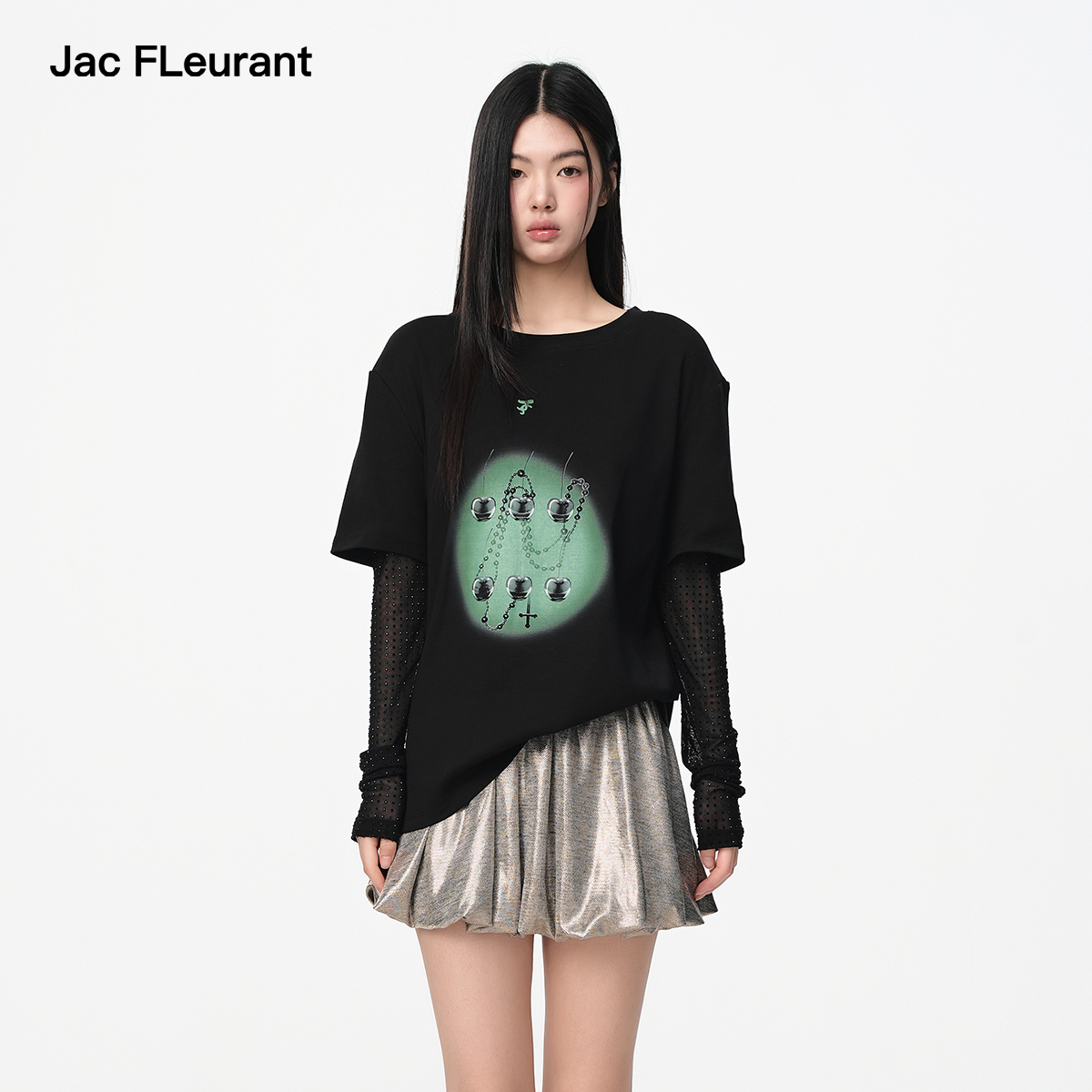 JAC FLEURANT2025秋季款T恤女假两件网钻拼袖印花设计款圆领上衣