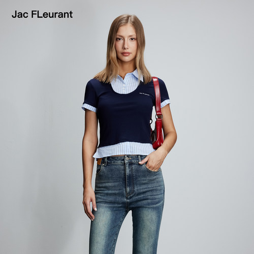 【罗予彤 叶舒华同款】JAC FLEURANT 新款拼接衬衣领上衣假两件