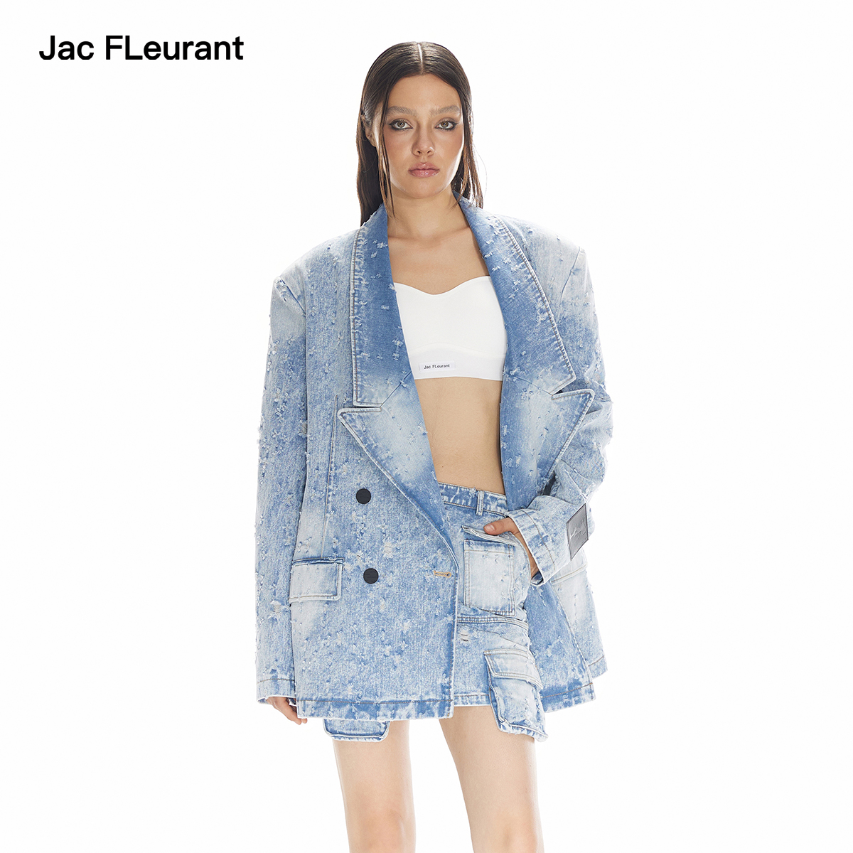JAC FLEURANT【许嵩同款】蓝色弹孔破坏牛仔时髦西服短裙套装
