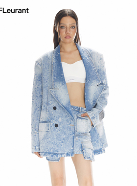 JAC FLEURANT【许嵩同款】蓝色弹孔破坏牛仔时髦西服短裙套装
