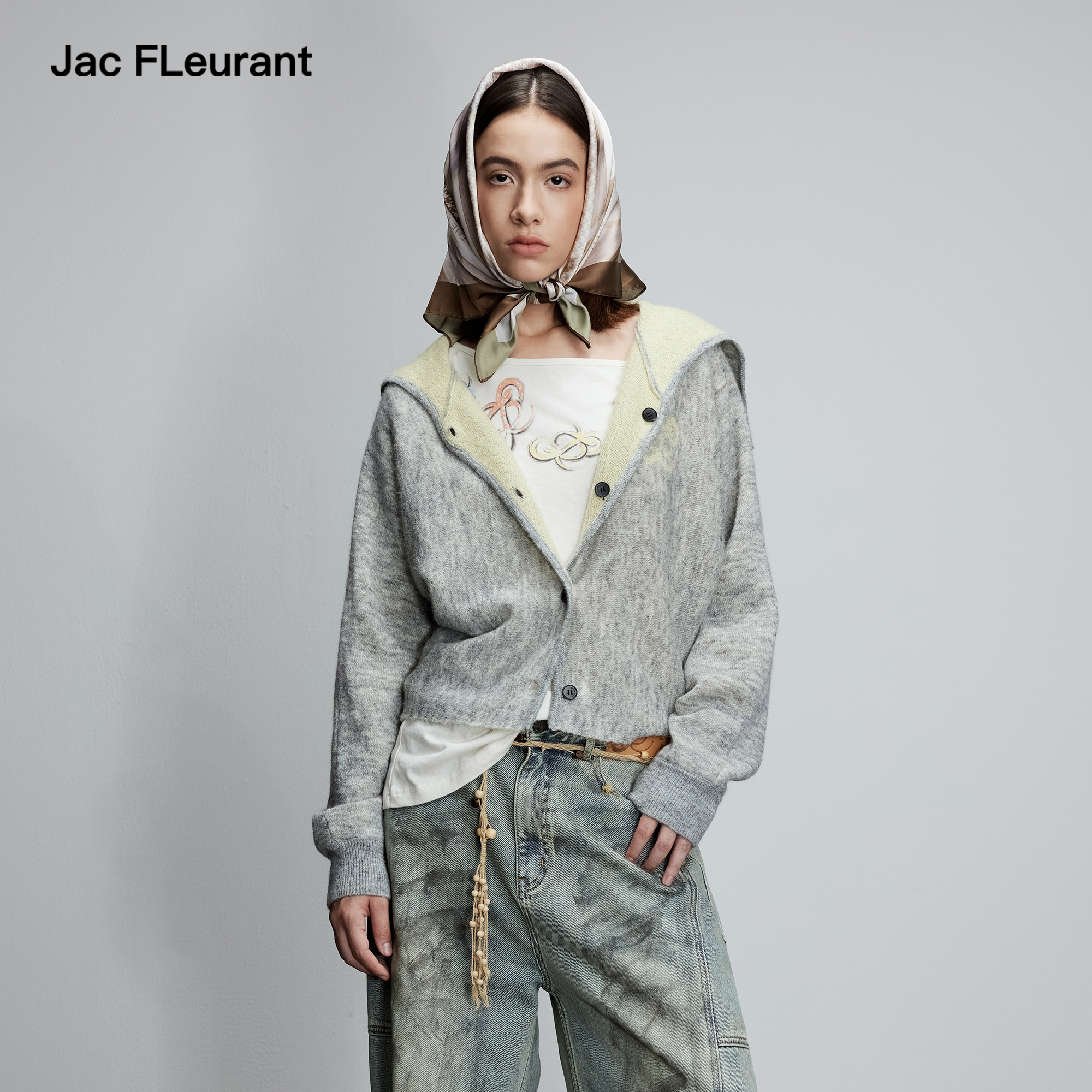 JAC FLEURANT25秋冬新品灰黄双面提花海军翻领LOGO开衫毛衣慵懒