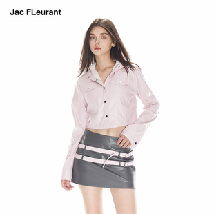 粉色pu皮质纽扣连帽短款 FLEURANT新品 JAC 上衣 艾薇同款