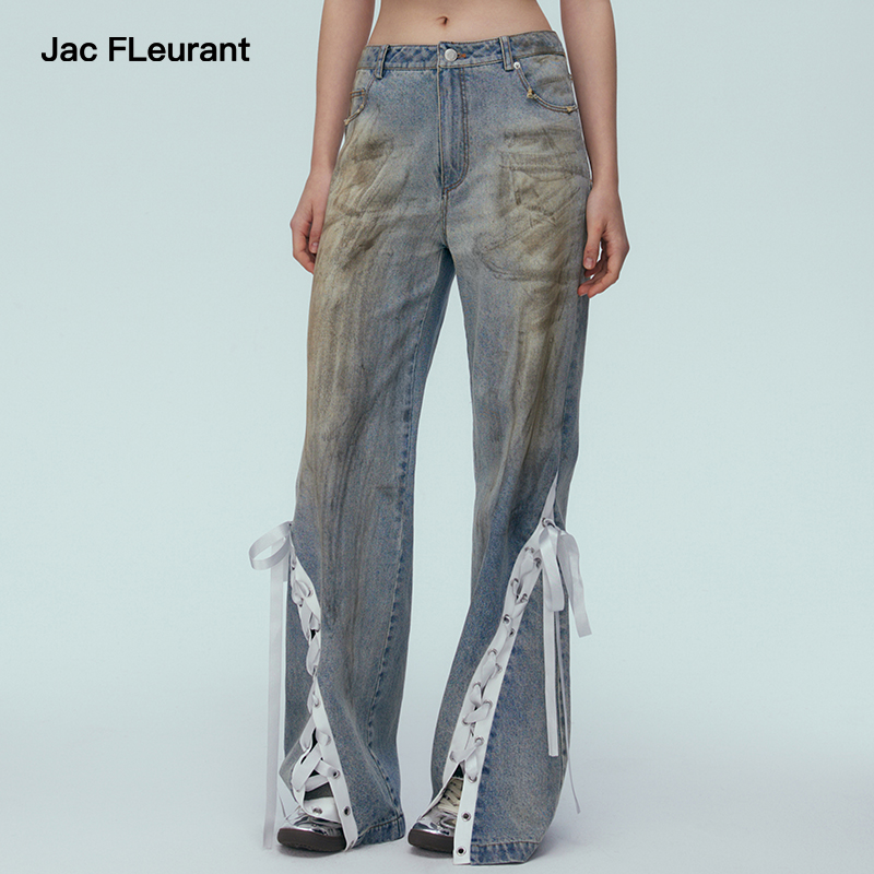 JAC FLEURANT【明星同款】做旧脏洗芭蕾风缎带牛仔裤设计款女士