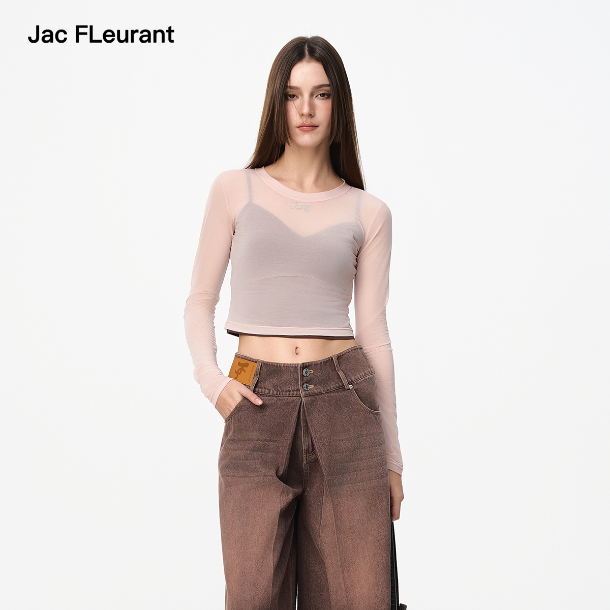 JAC FLEURANT2025春夏新品粉色薄纱烫钻叠穿两件套上衣高级百搭