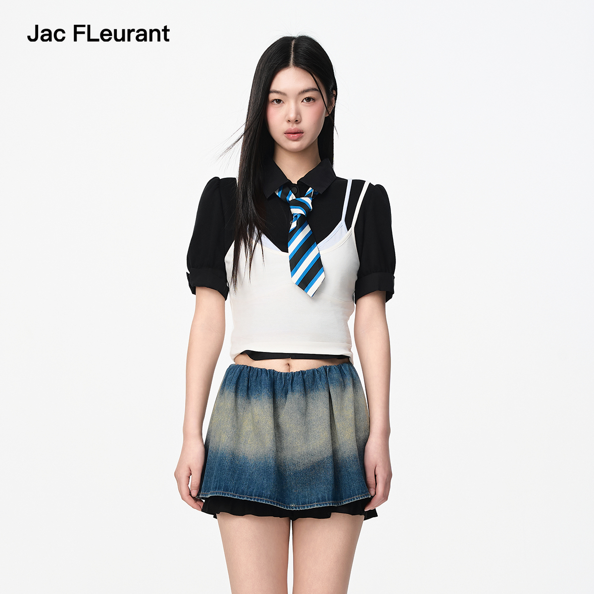 JAC FLEURANT2025春夏新款翻领T恤女吊带背心黑色泡泡袖领带上衣