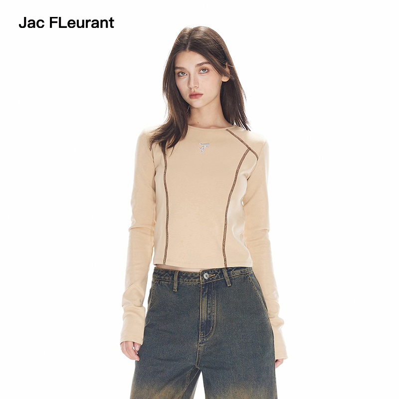 JAC FLEURANT新款棕色外缝线刺绣LOGO女上衣正肩修身打底