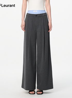 JAC FLEURANT【希林娜依高同款】假两件拼接双腰条纹西裤黑色灰色