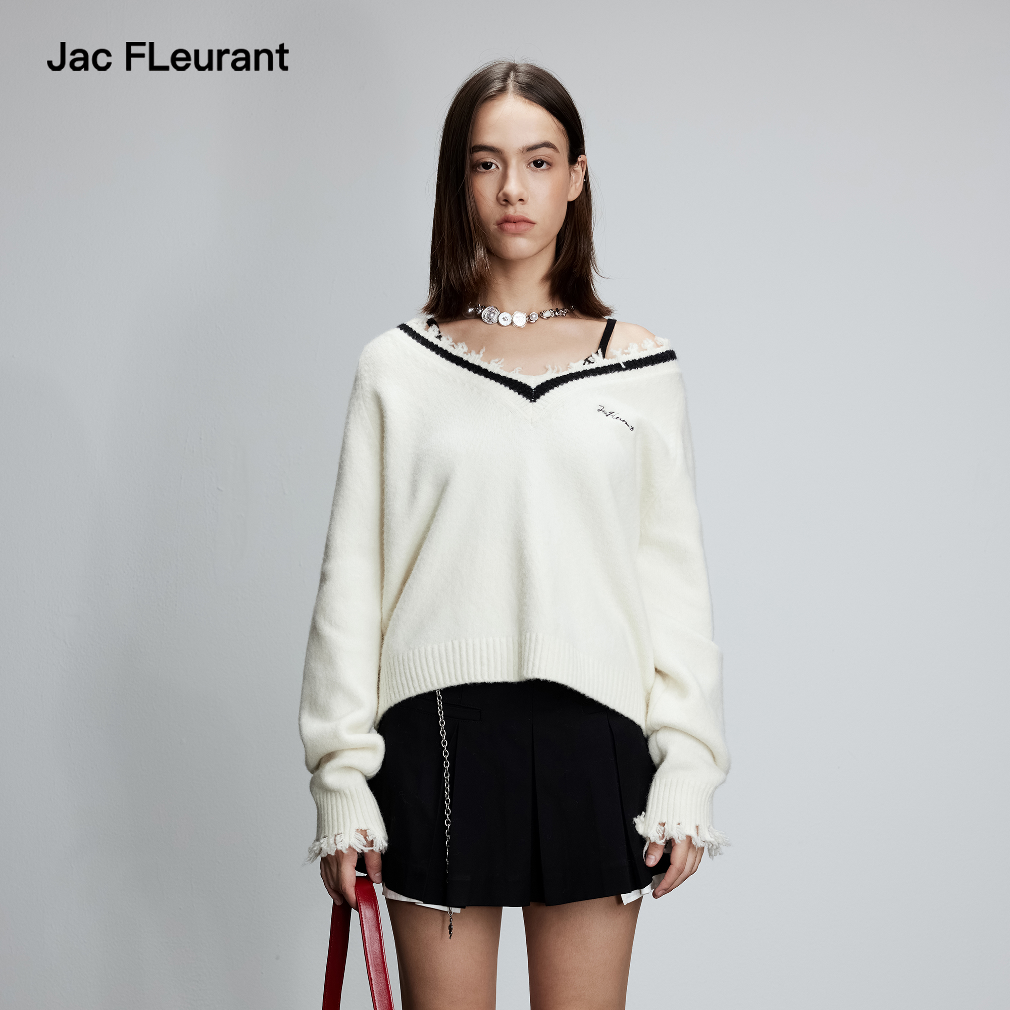 JAC FLEURANT2025秋冬新品V领牦牛绒破坏两件套吊带针织衫毛衣女