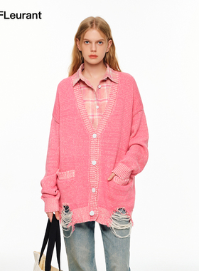 JAC FLEURANT【汪苏泷同款】玫红色做旧破坏假两件衬衣全棉开衫