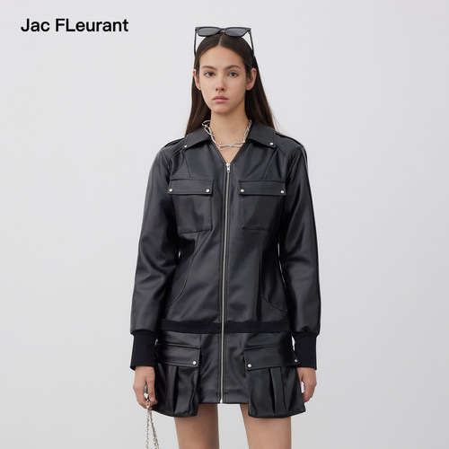 JAC FLEURANT2026秋冬新款黑色工装立体口袋拉链皮质酷飒连衣裙