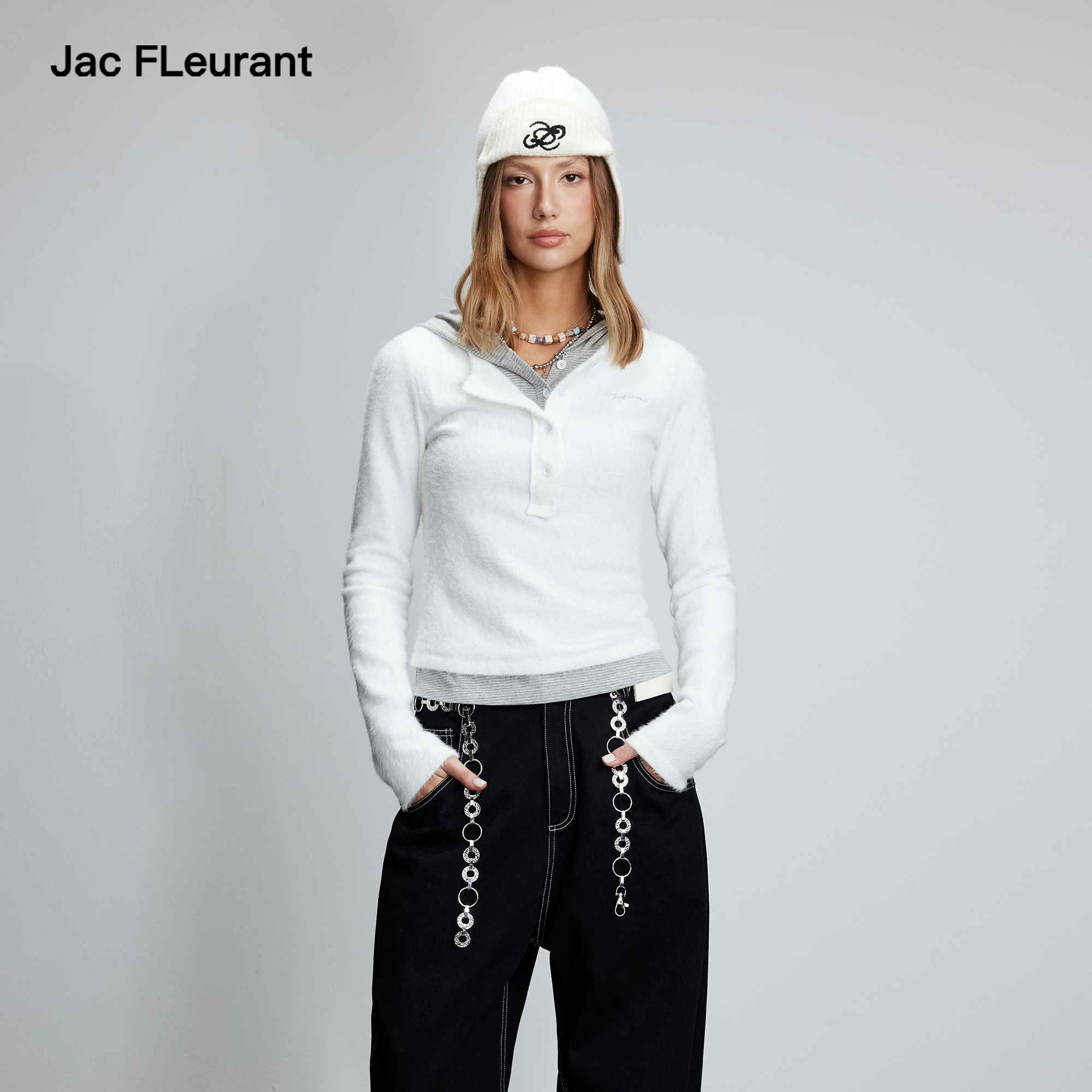 JAC FLEURANT2025秋冬新品针织拼接假两件条纹连帽上衣撞色内搭