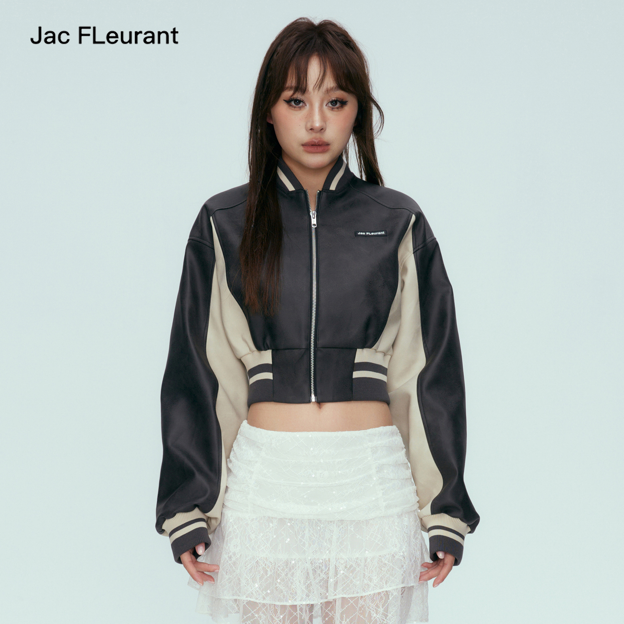 复古黑白拼色官方直营棒球皮夹克