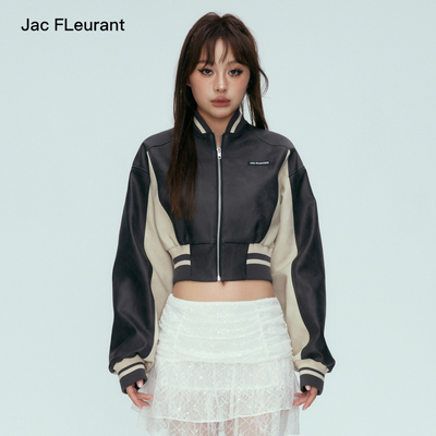 复古黑白拼色官方直营棒球皮夹克