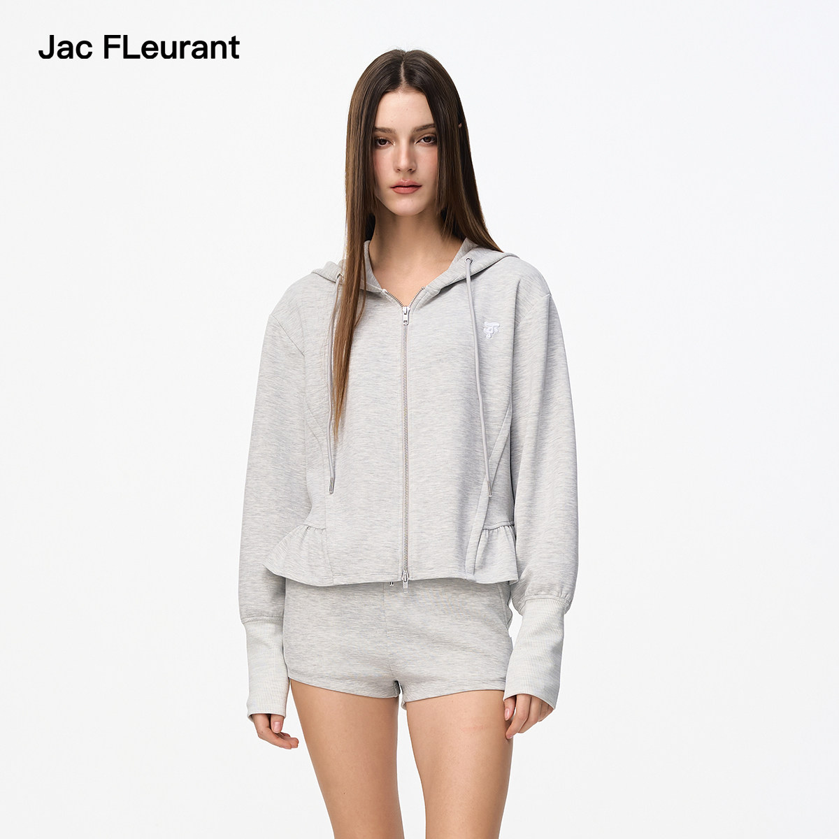 JAC FLEURANT秋季新款灰色下摆荷叶边帽衫运动短裤时尚套装图片