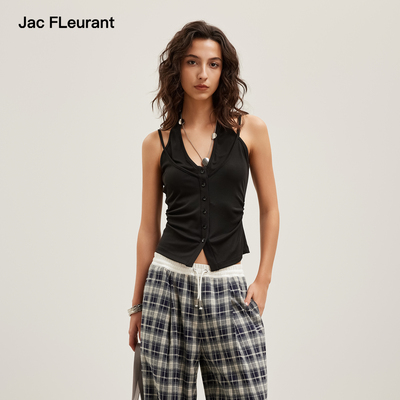 JAC FLEURANT2026夏季新款黑色假两件挂脖吊带纽扣开衩背心女士