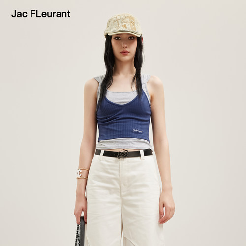 JAC FLEURANT2026夏季新款蓝灰撞色假两件挂脖背心女士无袖百搭