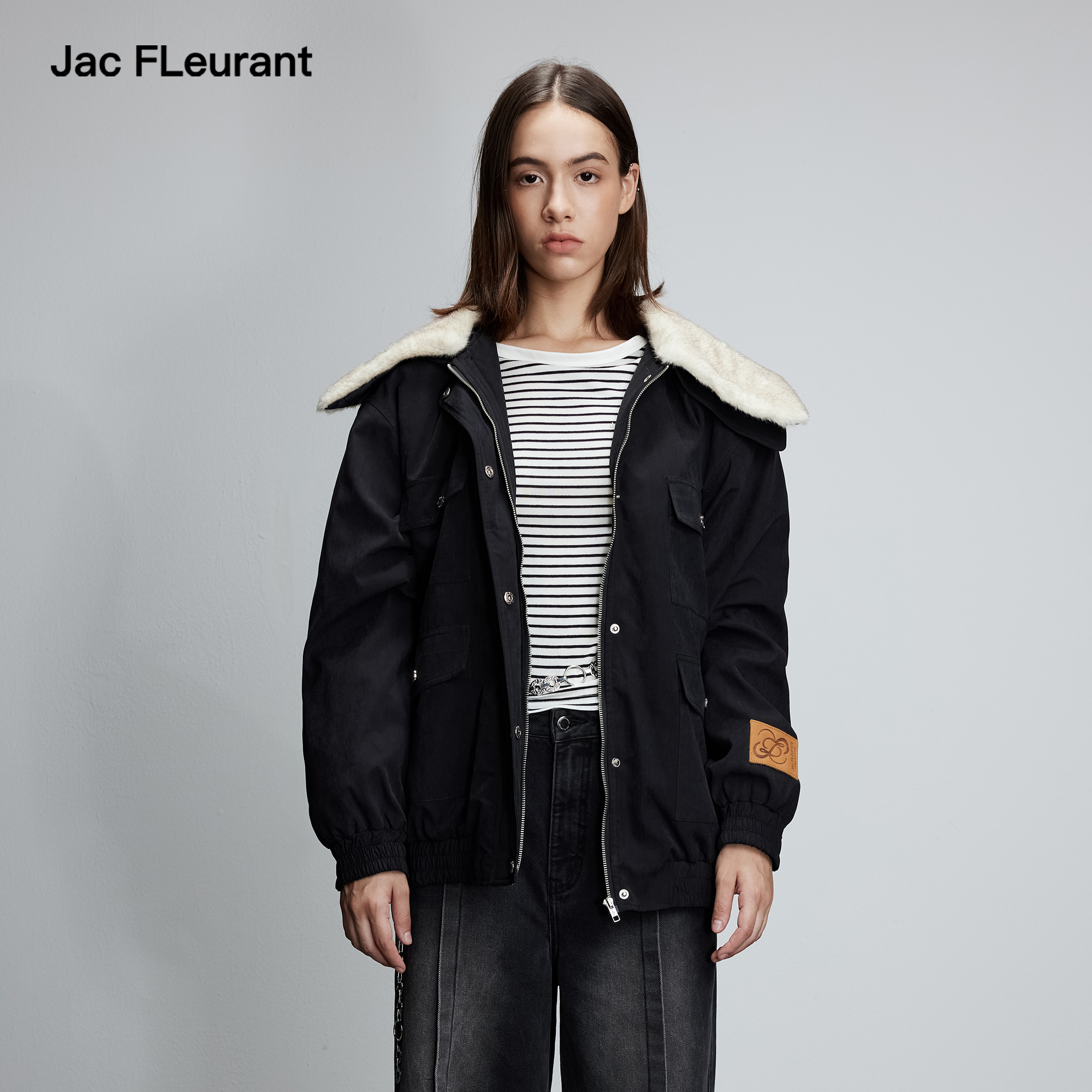 JAC FLEURANT2025秋冬新款拼接白色毛领黑色口袋夹克女时尚外套