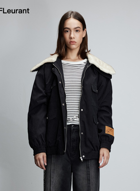 JAC FLEURANT秋冬新款拼接白色毛领黑色口袋夹克女时尚外套