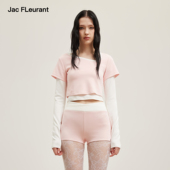 FLEURANT2026春夏新款 拼色假两件斜领长袖 上衣粉色短裤 JAC 套装