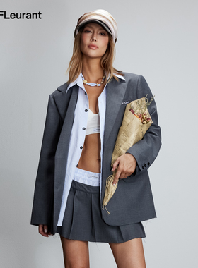 JAC FLEURANT【张予曦同款】灰色假两件拼条纹西服双腰条纹短裙