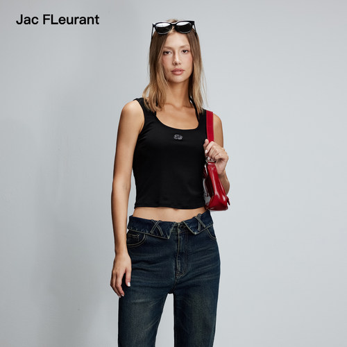 JAC FLEURANT秋季新品黑色刺绣LOGO挂脖吊带背心内搭TOP上衣