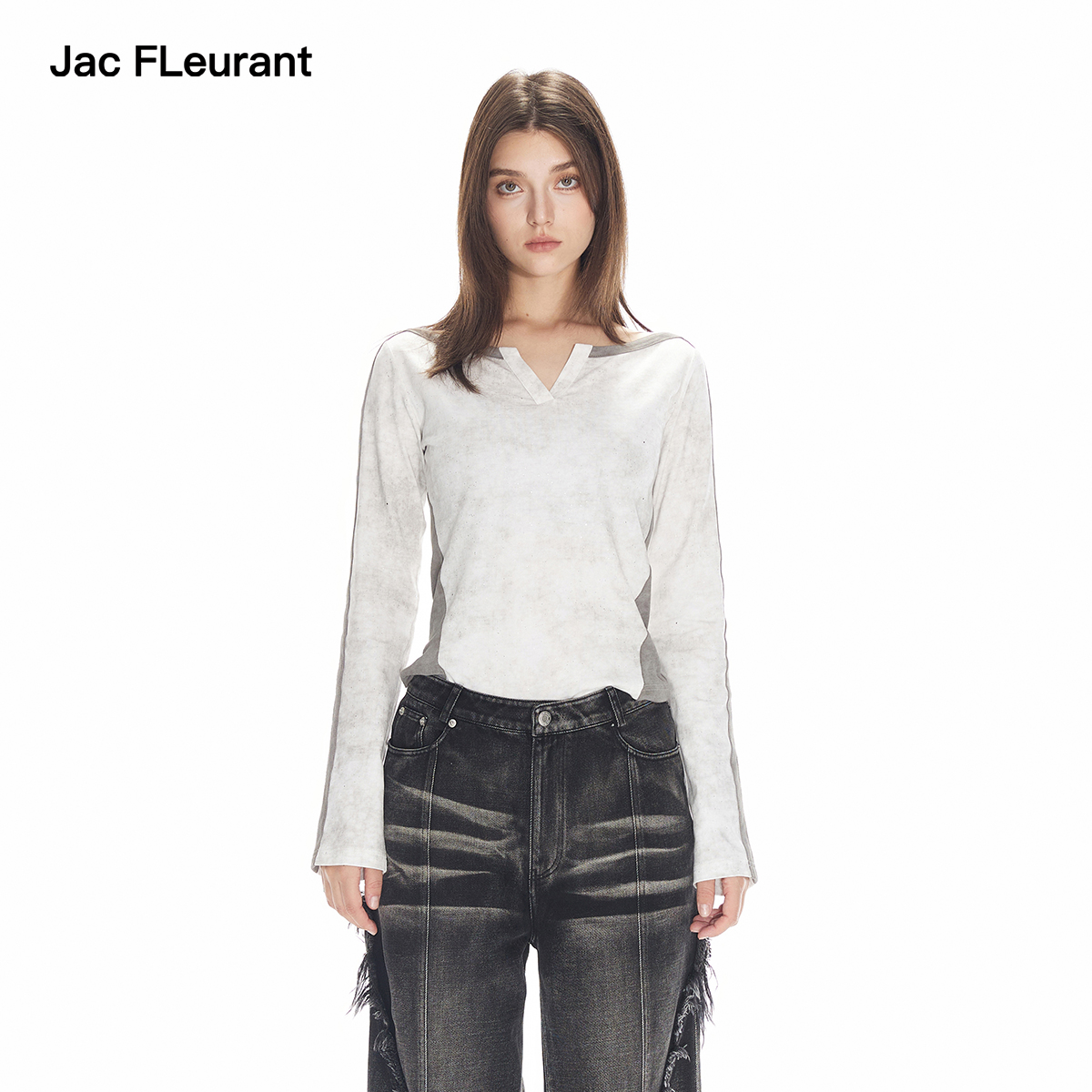 JAC FLEURANT新品蜡染灰闪粉拼色V领百搭耐穿打底上衣
