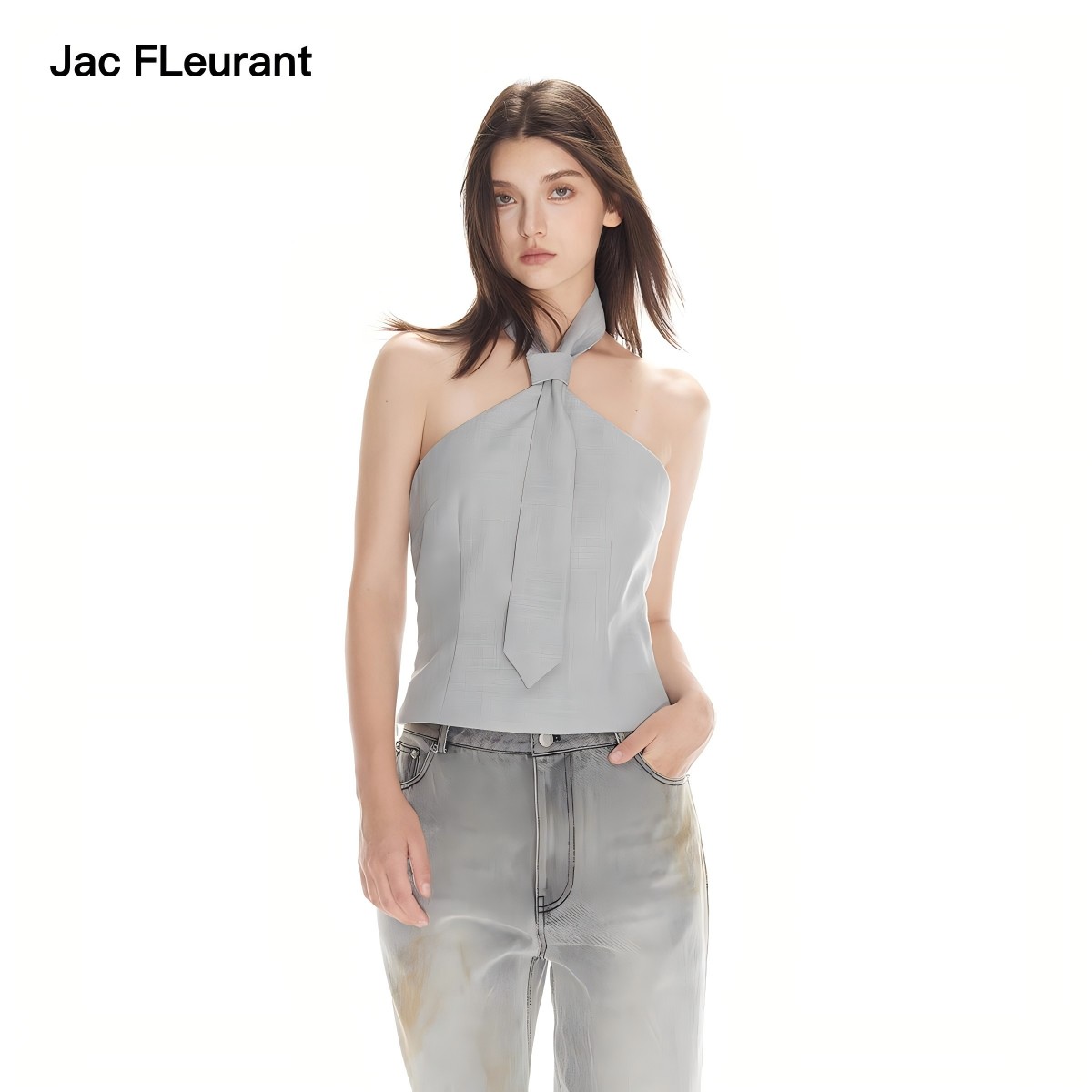 JAC FLEURANT新品灰色挂脖领巾时髦背心内搭单穿上衣