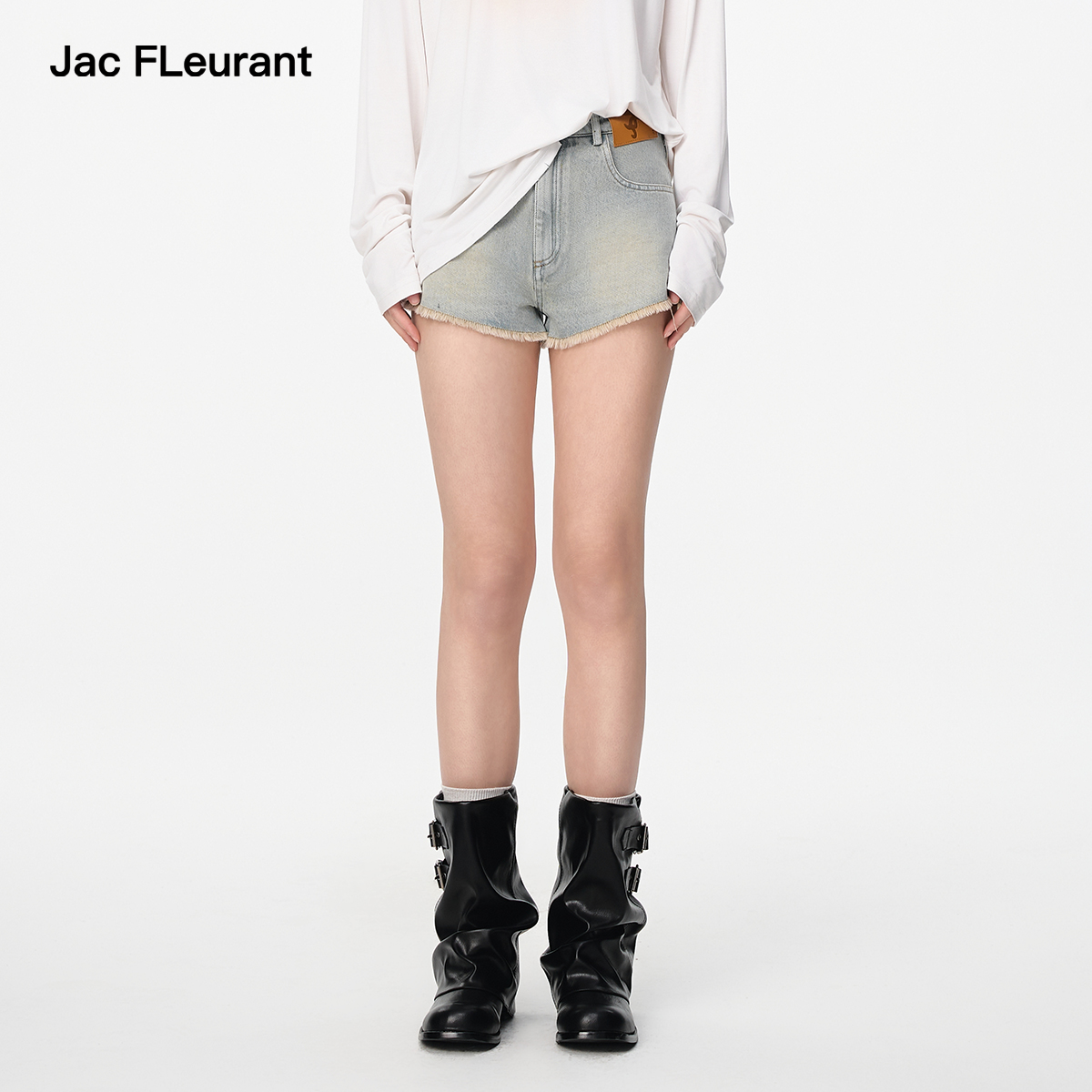 JACFLEURANT毛边高腰牛仔短裤