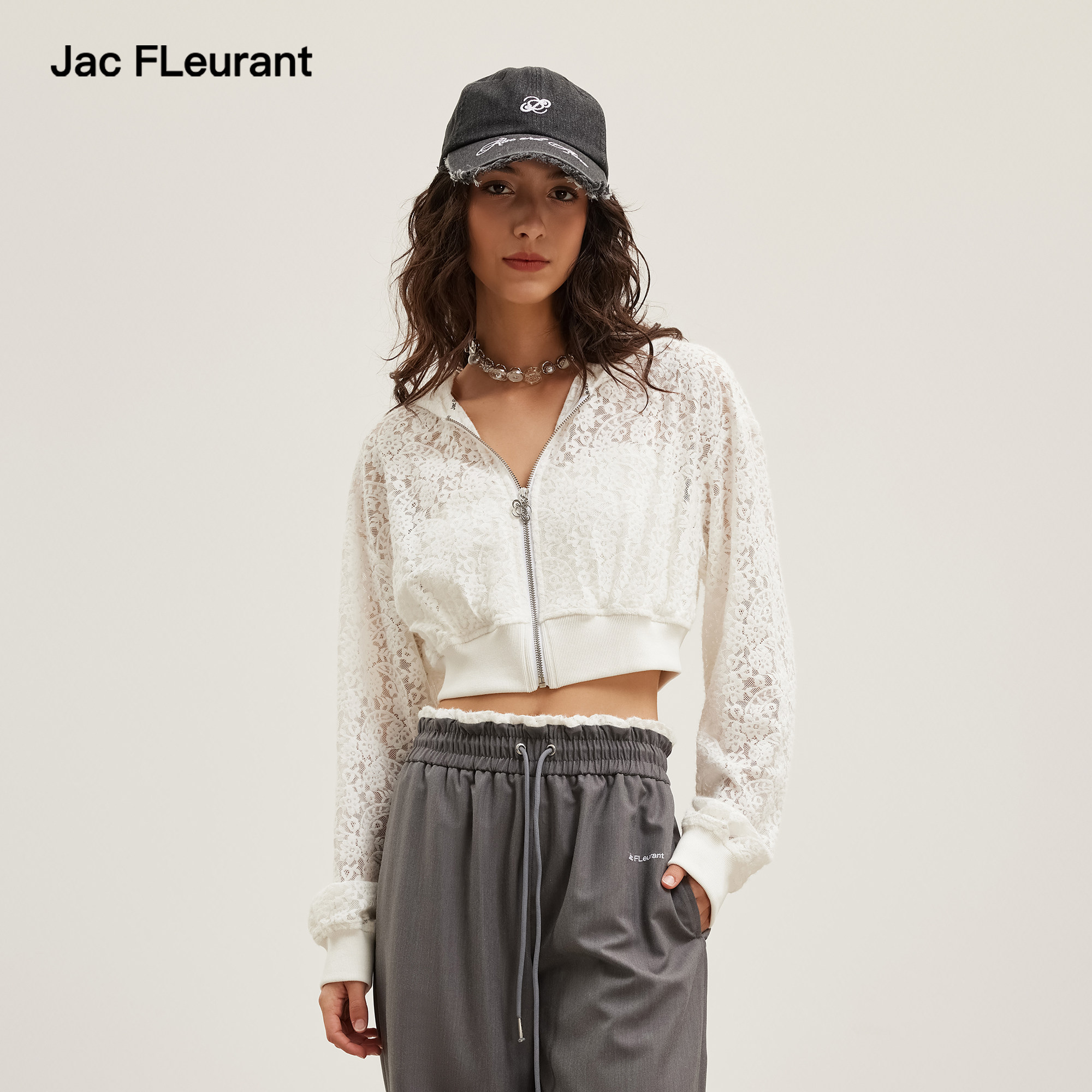 JAC FLEURANT2026春夏新款蕾丝假两件拼接连帽短款女休闲拉链衫